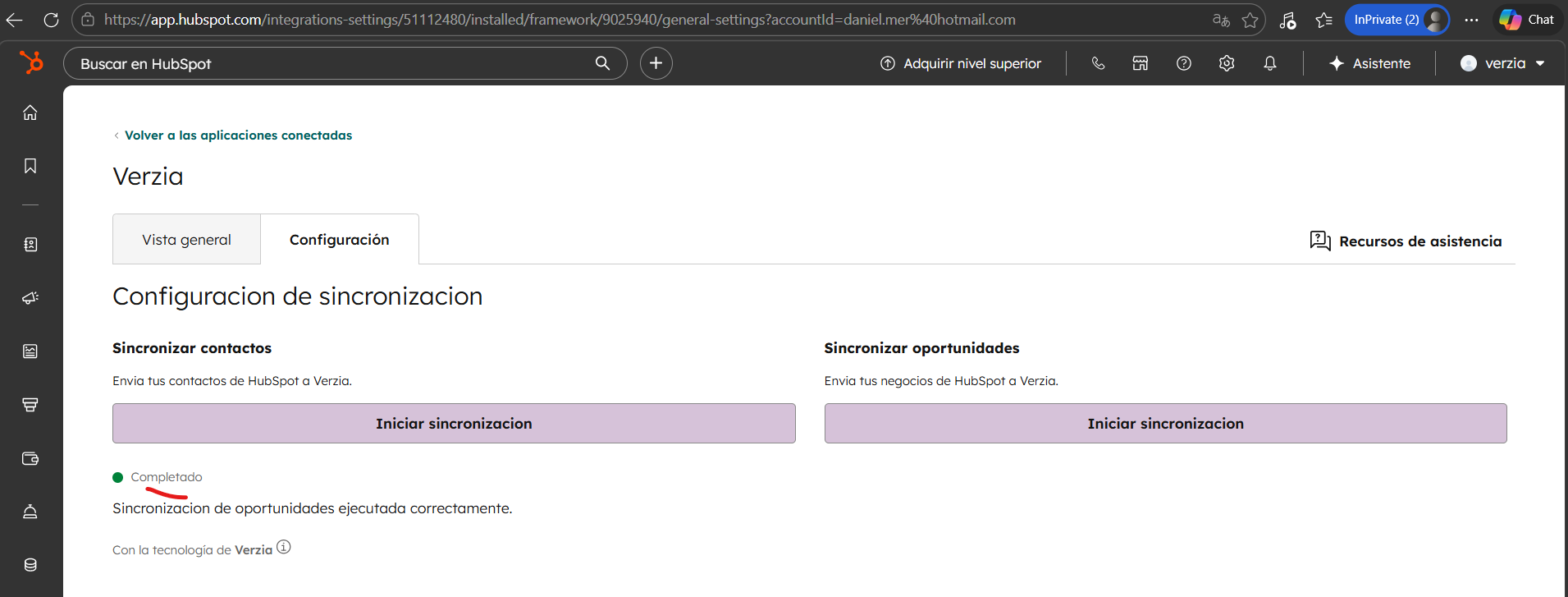 Estado completado de una sincronizacion en HubSpot