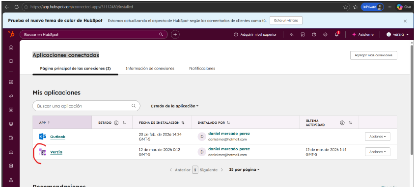 Pantalla de aplicaciones conectadas en HubSpot